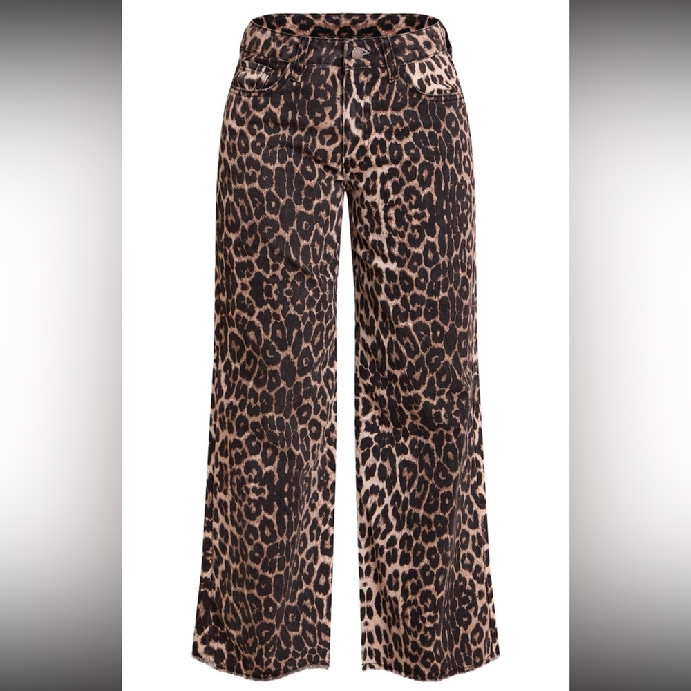 PETITE BROWN LEOPARD PRINT DENIM WIDE LEG JEANS